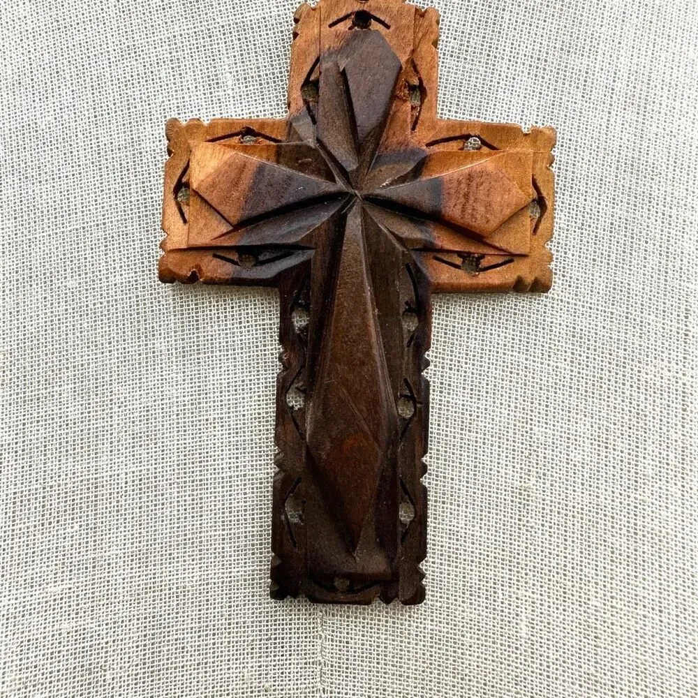 Vintage wood carved cross pendant necklace on copper chain